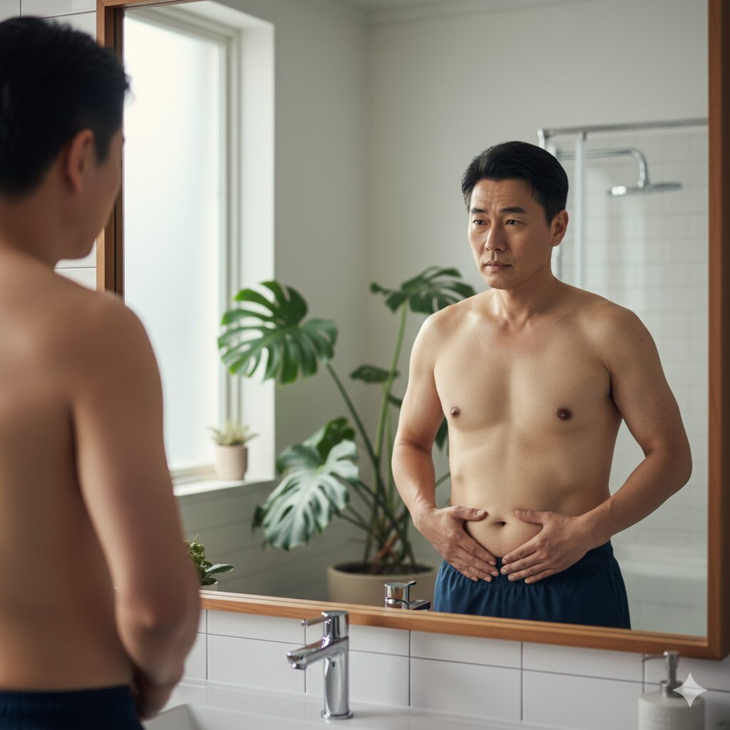 나잇살에 대한 고민을 하는 사람의 모습