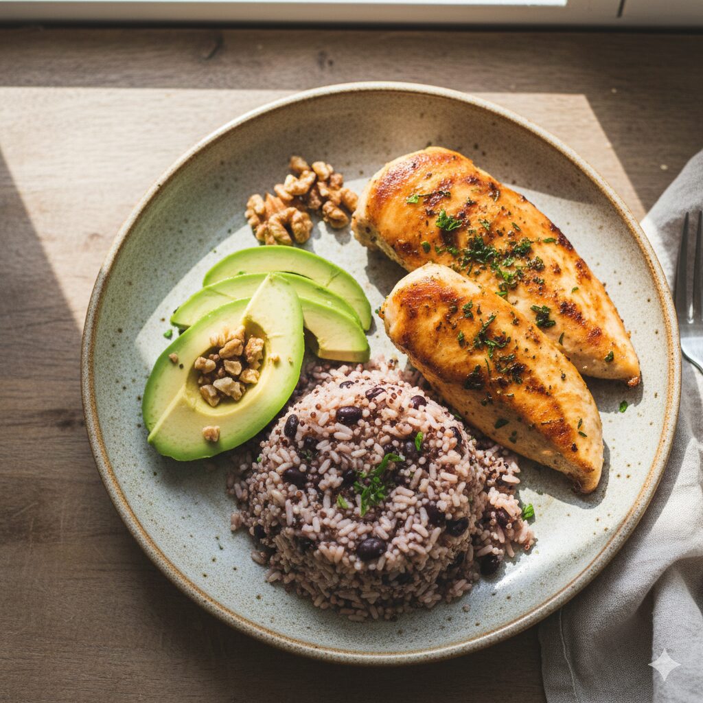 단백질, 복합 탄수화물, 건강한 지방이 예쁘게 담긴 식사 모습