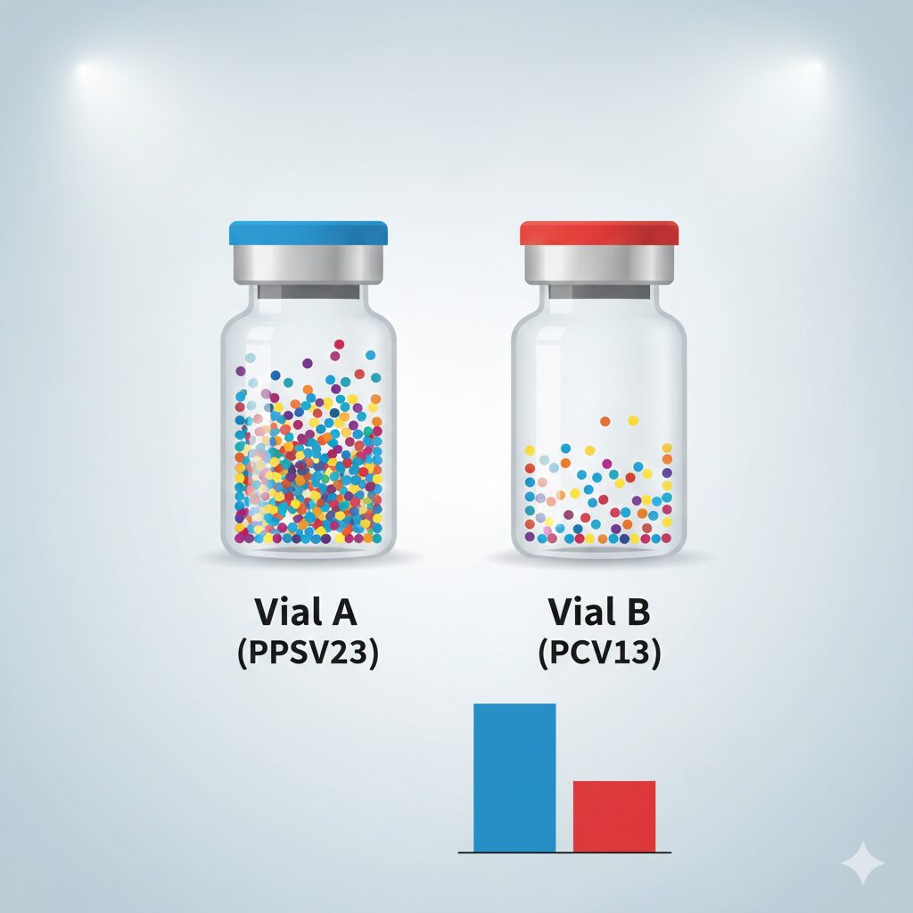 이미지 2: PPSV23과 PCV13 백신을 비교하는 간단한 인포그래픽 (주요 특징, 예방 균 종류, 접종 비용 차이 등).