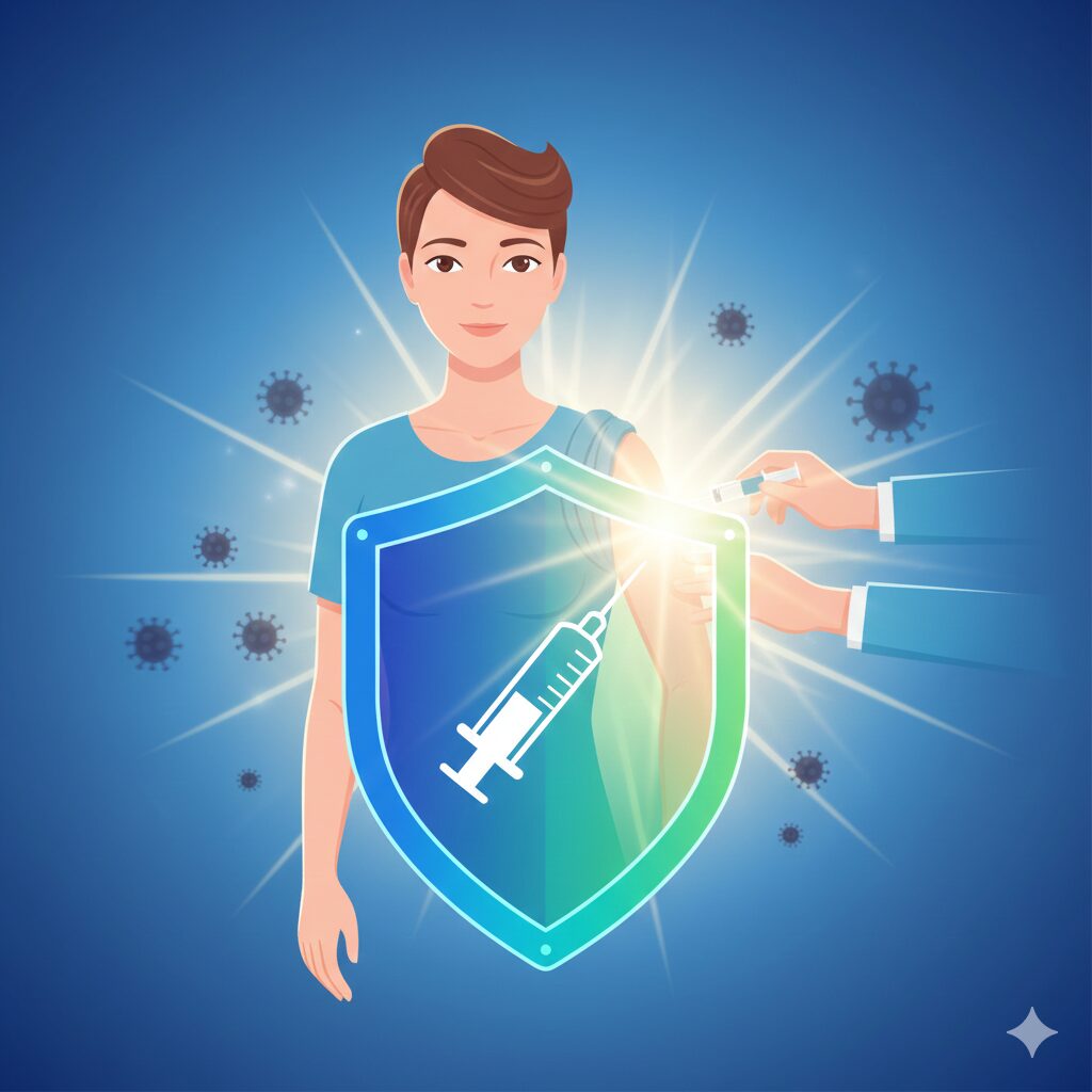 (이미지 3 : 대상포진 백신 접종을 상징하는 이미지. 팔에 주사를 맞는 모습 또는 백신 병 이미지를 배경으로 방패 모양의 아이콘을 합성)