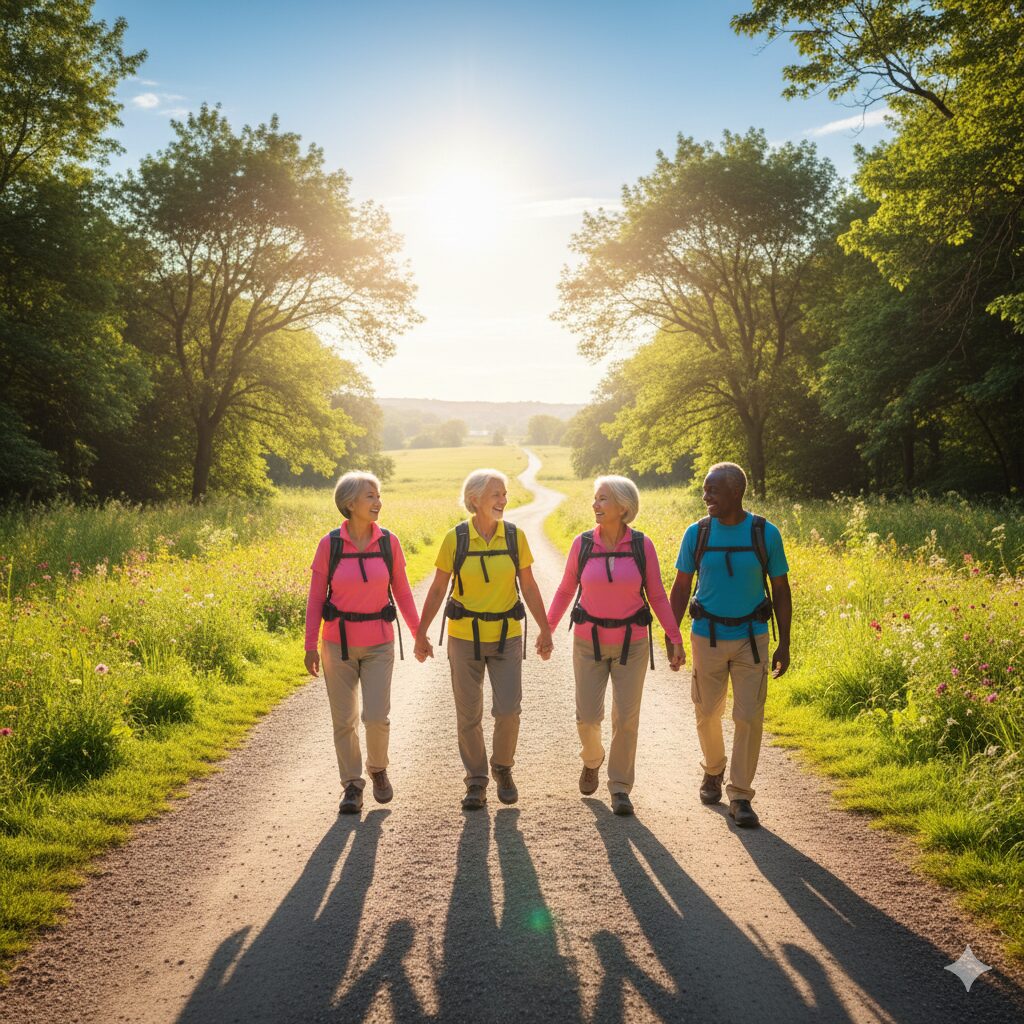 이미지 5 : 푸른 하늘 아래서 건강하게 웃으며 함께 걷고 있는 시니어들의 뒷모습