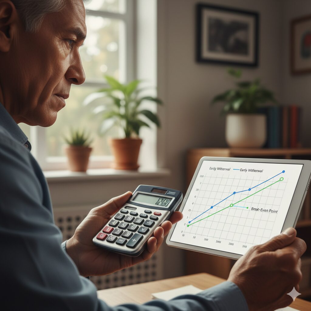 이미지 2 : 노년층이 계산기를 들고 국민연금 수령 시기(조기 vs 정상)를 고민하고 있는 모습