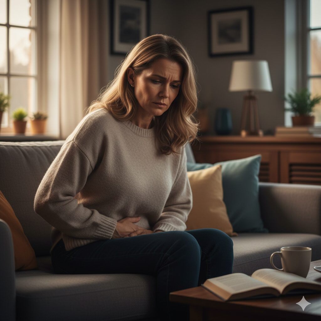 Image 1: A middle-aged person sitting on a chair, holding their abdomen with one hand and their forehead with the other, looking concerned. (Highlighting the worry about CRC symptoms and the need for self-diagnosis)