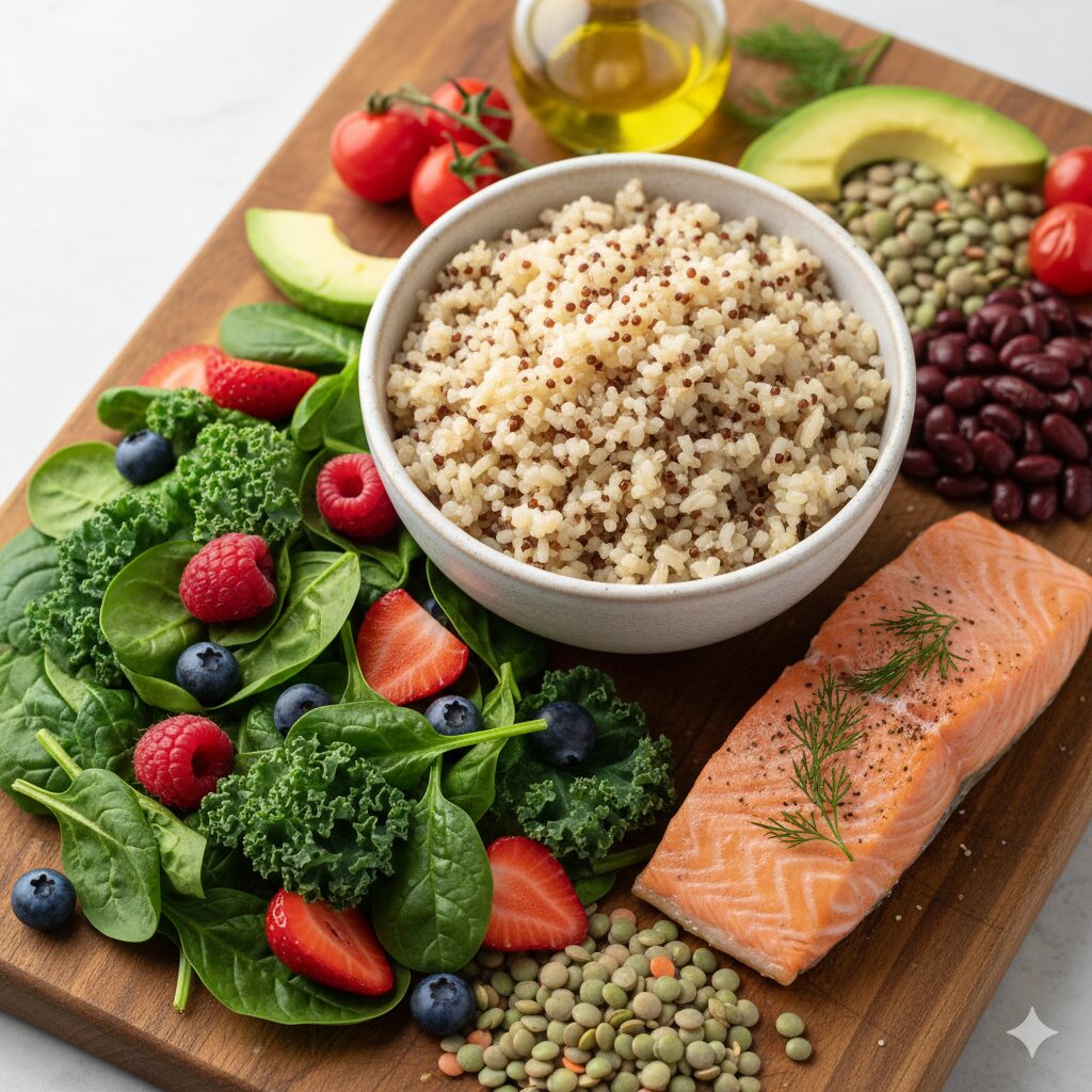 Image 2: A balanced set of food on a dining table, including fresh vegetables (broccoli, spinach), whole grains (brown rice, oats), and fish. (A healthy CRC prevention diet)