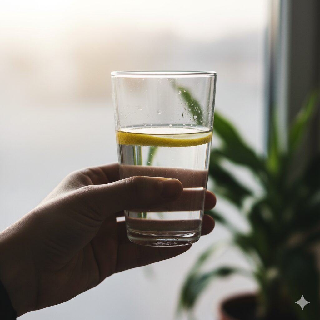Image 3: A hand holding a glass of water, next to a sign indicating no smoking/moderate drinking. (Practicing healthy lifestyle habits)