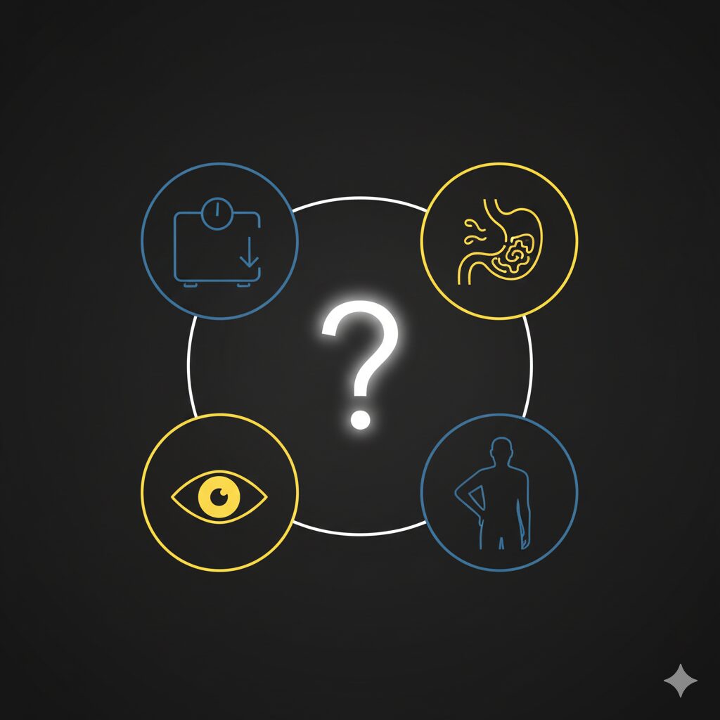 이미지 2 : 소화기계 불편함, 체중 감소, 황달, 허리 통증을 나타내는 아이콘들을 한데 모아놓은 이미지 (췌장암 자가진단 신호를 상징)