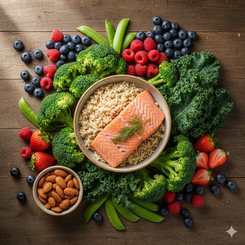 이미지 3 : 신선한 채소(브로콜리, 케일), 과일, 견과류 등이 담긴 건강한 식단 이미지