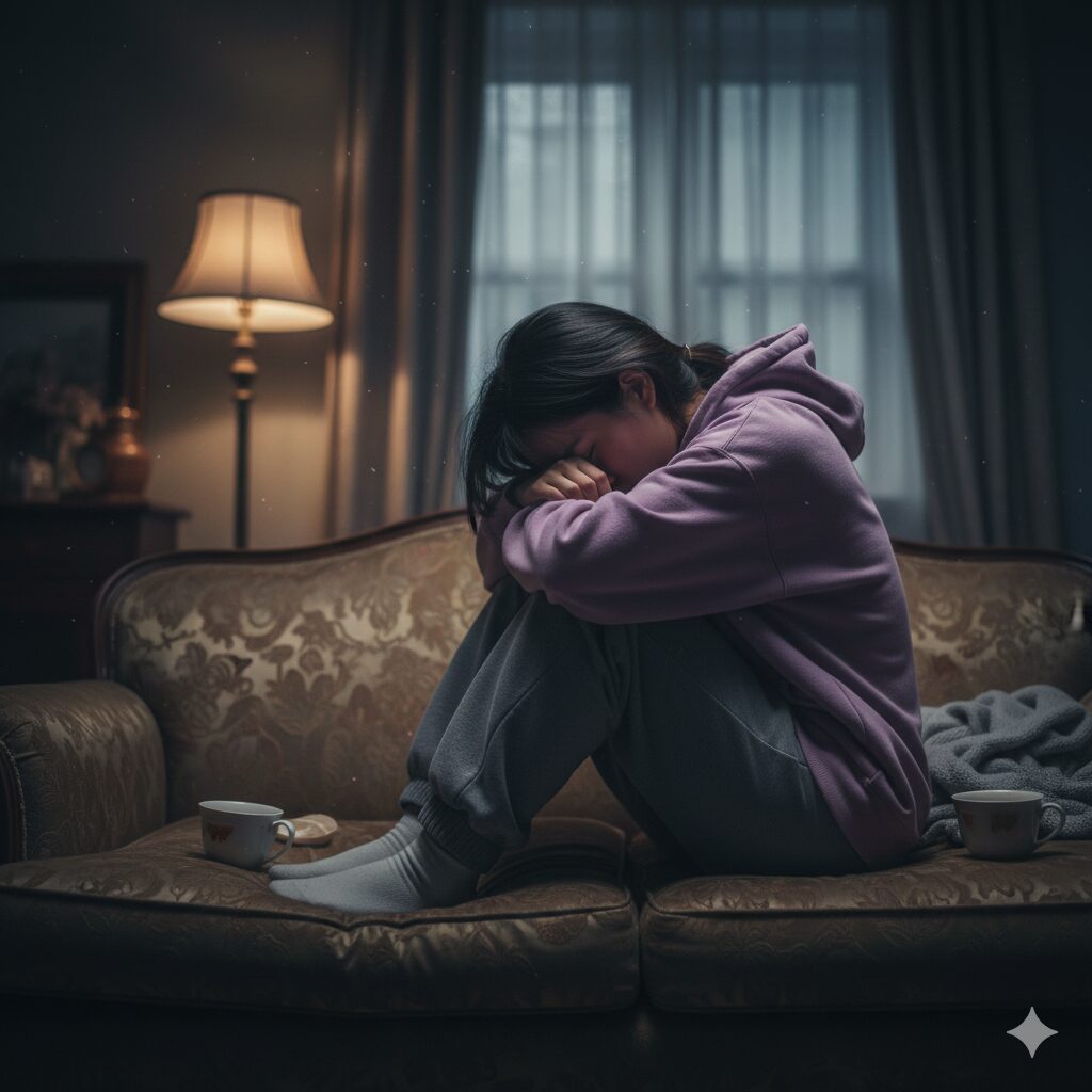 이미지 1 : 만성 피로와 무기력함에 지쳐 소파에 누워있는 사람의 모습 (어둡고 무거운 분위기)