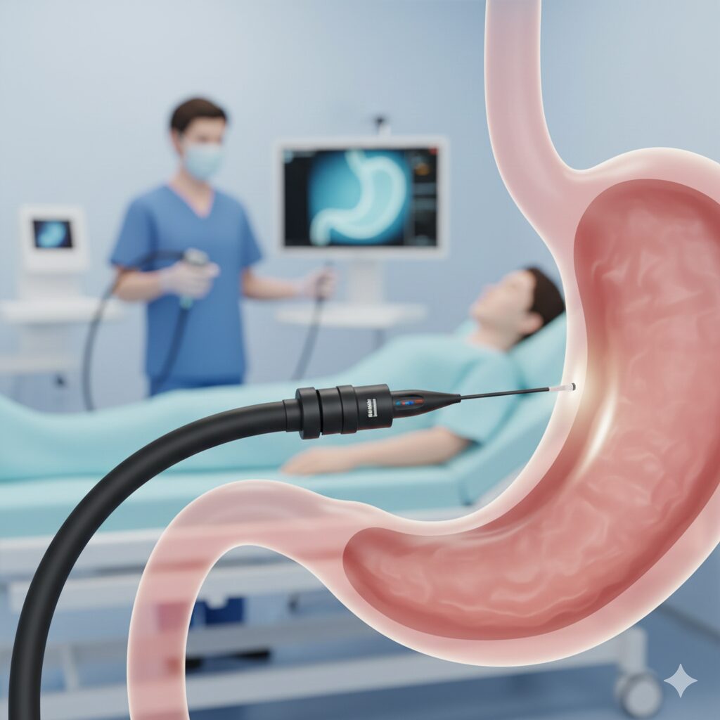 이미지 4 : 위내시경 검사를 받는 사람의 모습 또는 위내시경 기기 일러스트