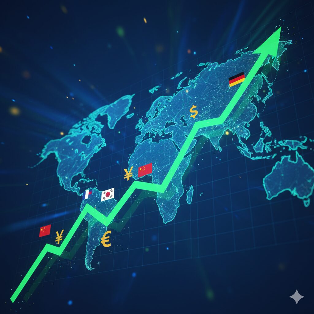 이미지 3: 세계 지도를 배경으로 한 주식 차트나 그래프