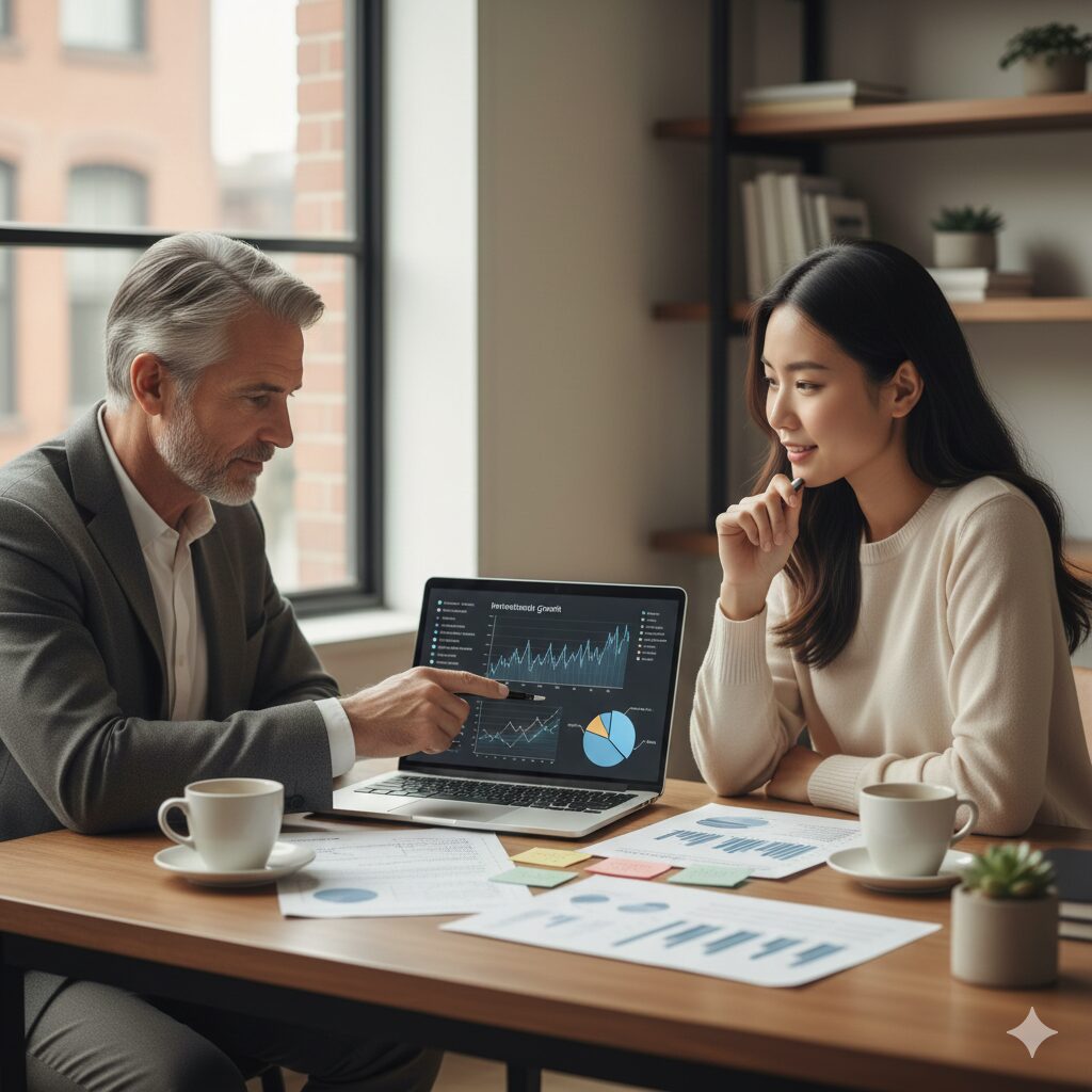 이미지 4: 두 사람이 투자 계획을 세우는 모습