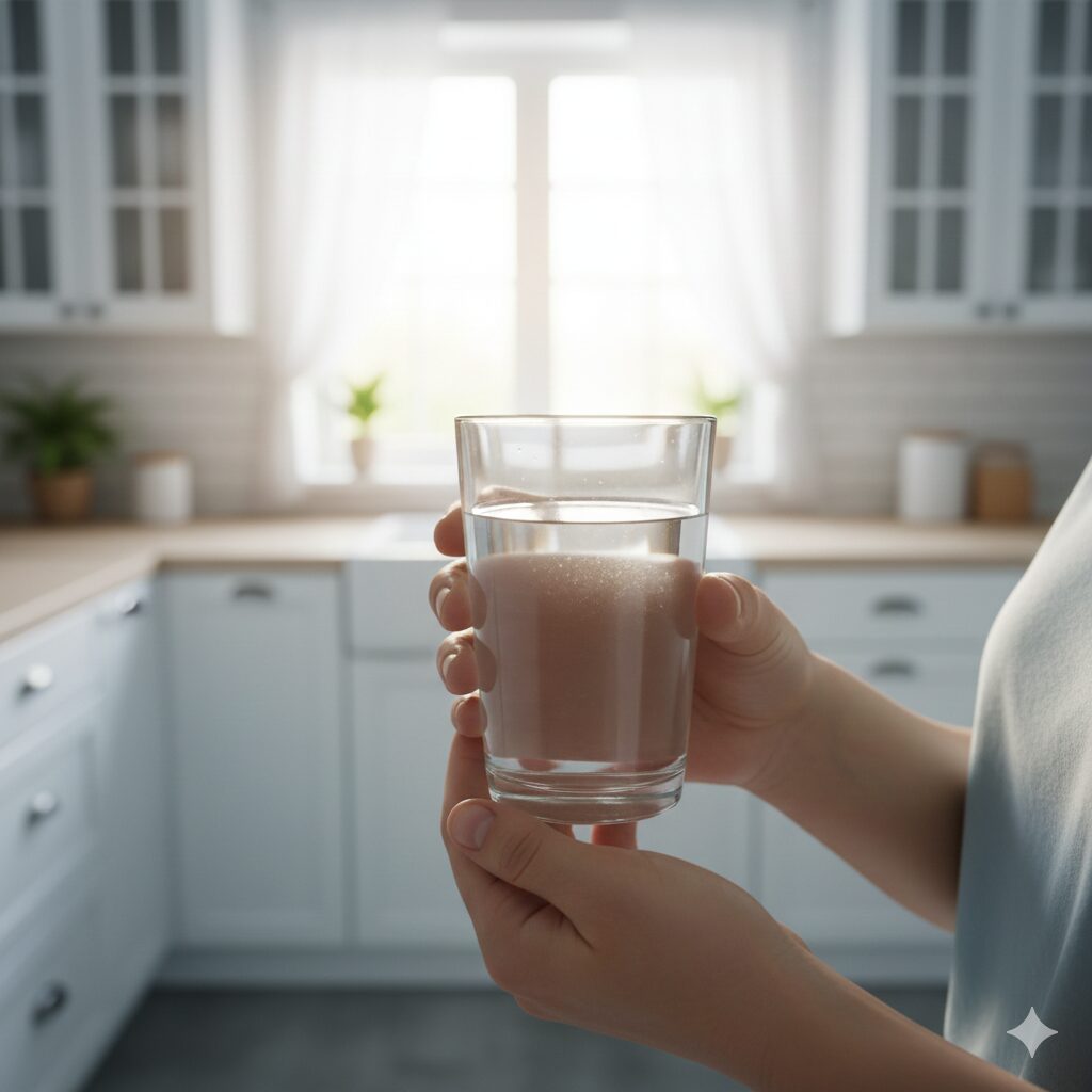 아침 햇살 아래 미지근한 물 한 잔을 마시는 건강한 모습