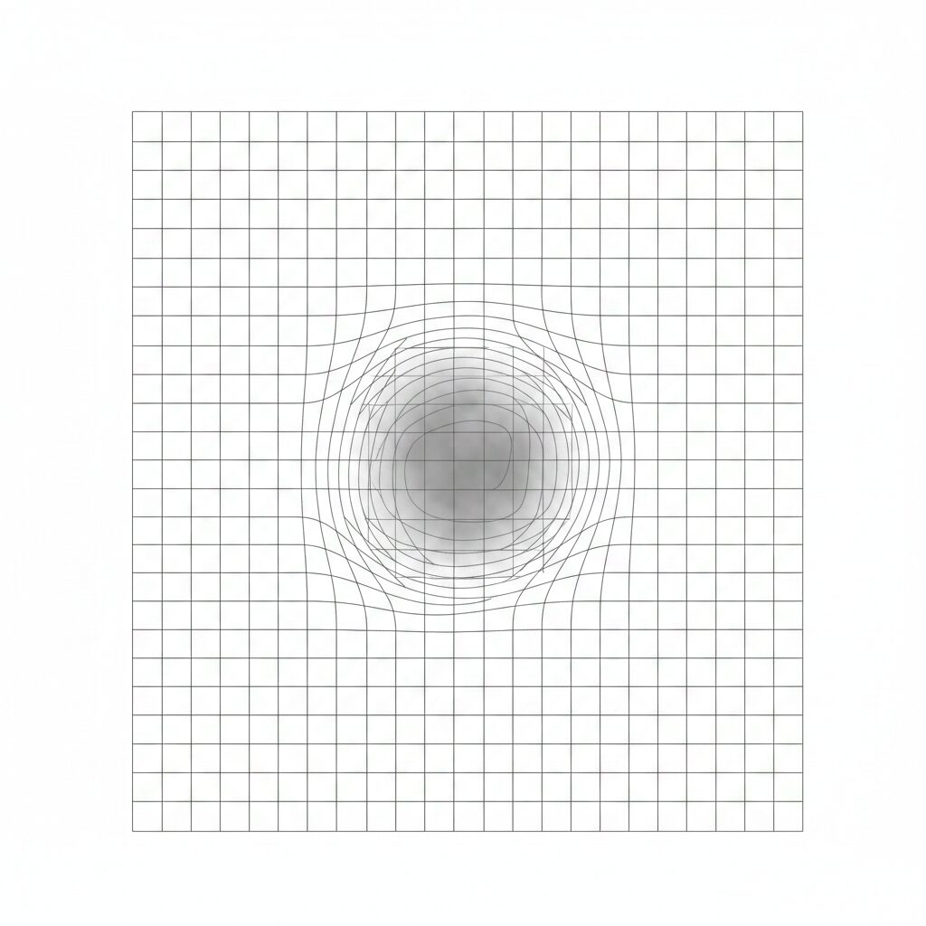 바둑판무늬의 격자가 한쪽이 일그러져 보이는 시야 재현 이미지