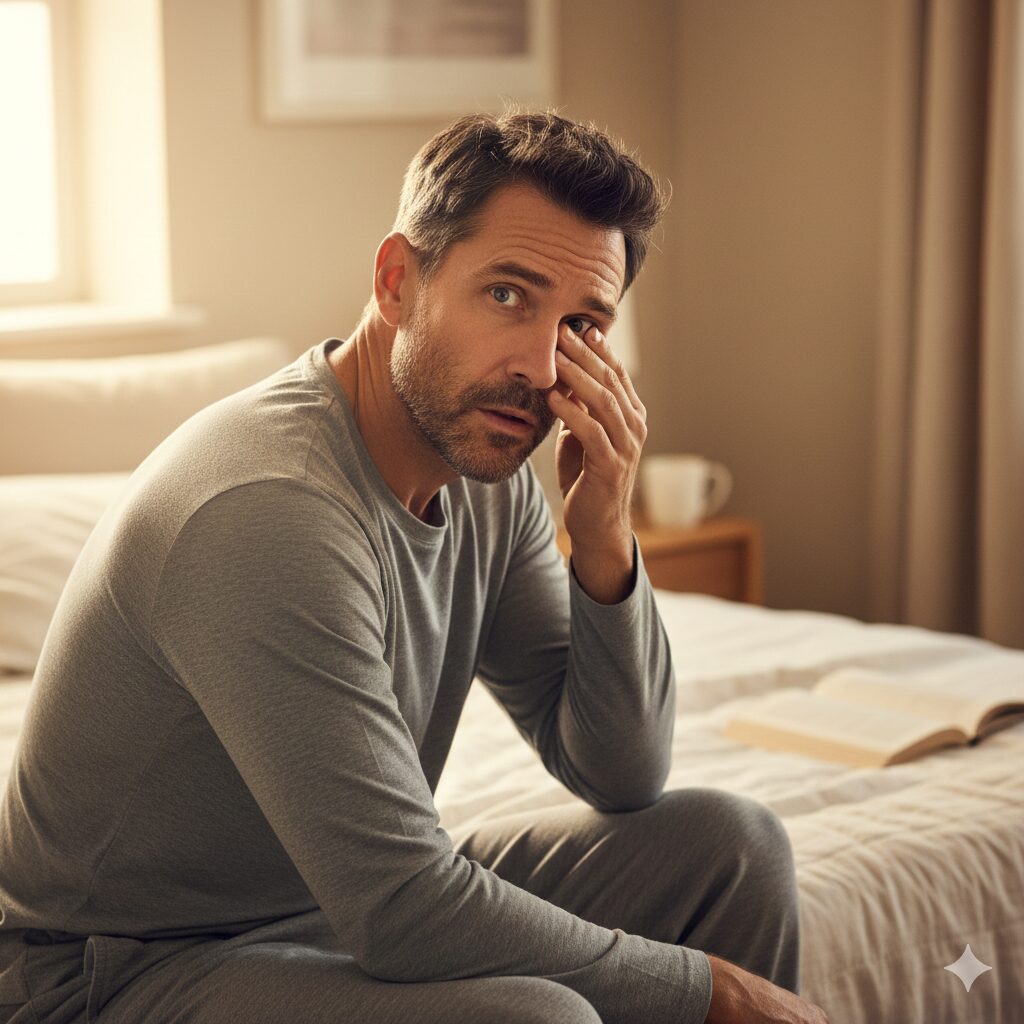 아침 햇살이 비치는 침대에서 눈을 비비며 당황해하는 사람의 모습