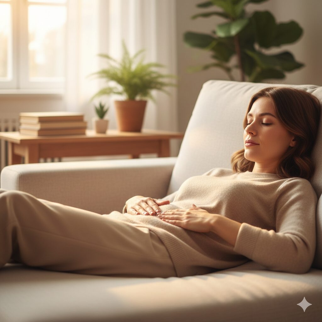 거울 앞에서 누워 배꼽 주변을 가볍게 눌러보며 자가진단하는 평온한 모습의 삽화