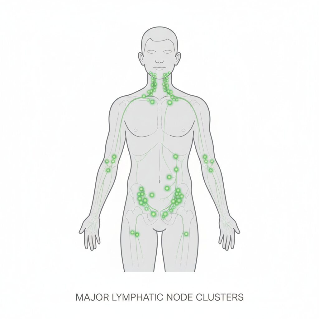 이미지 2: 인체 전신에 분포된 주요 림프절 위치(목, 겨드랑이, 복부, 사타구니)를 보여주는 일러스트
