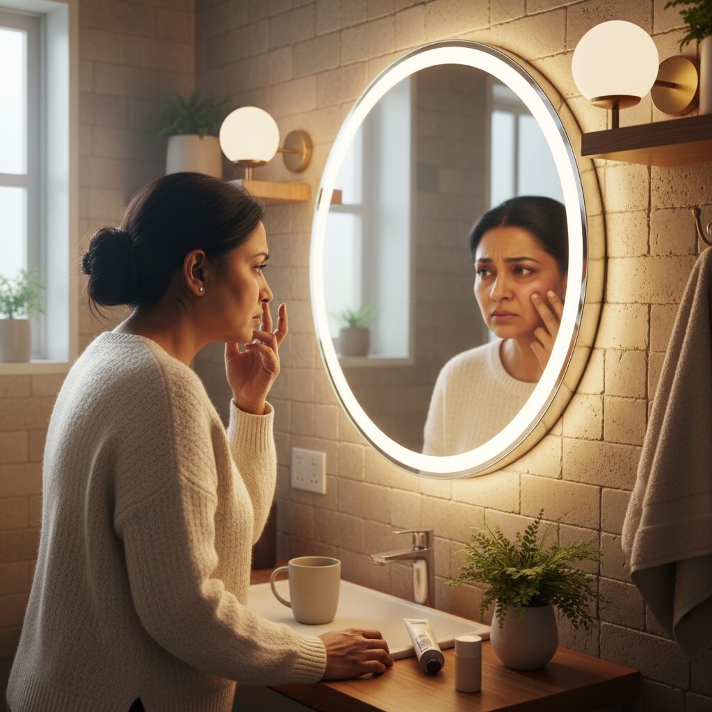 이미지 1: 온몸이 무겁고 붓기가 가득한 사람이 거울을 보며 고민하는 모습