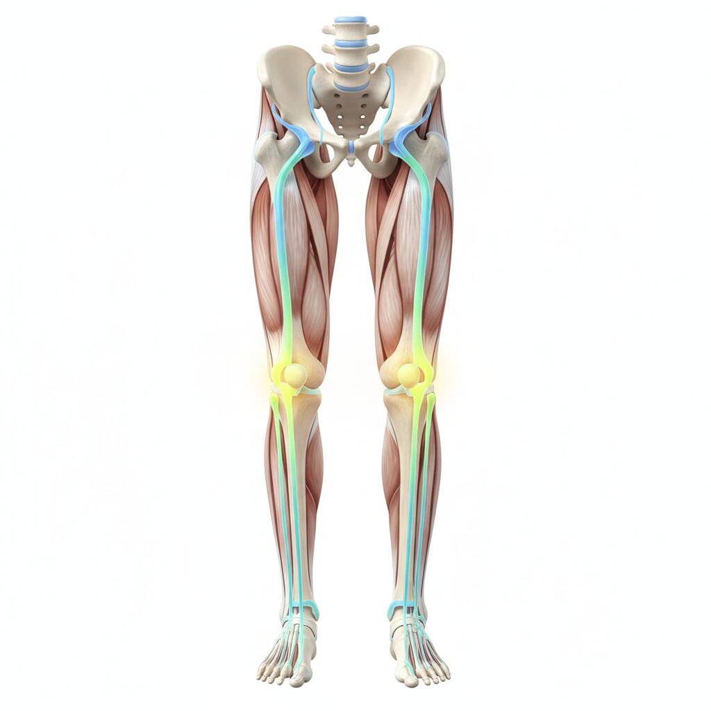 이미지 1 : 무릎 관절 구조와 함께 위아래 골반, 발목의 연결성을 보여주는 인포그래픽 이미지