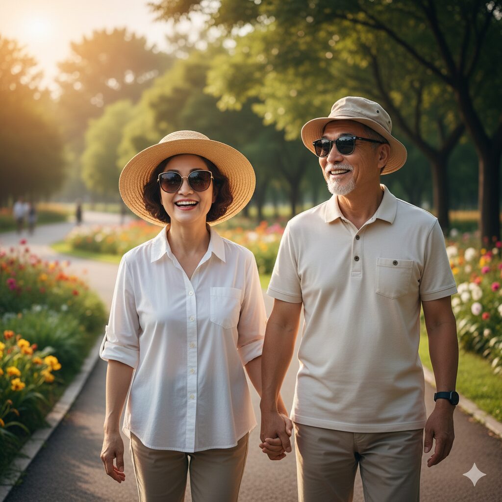 이미지 5 : 햇빛이 강한 날 선글라스를 쓰고 밝게 웃으며 산책하는 건강한 모습