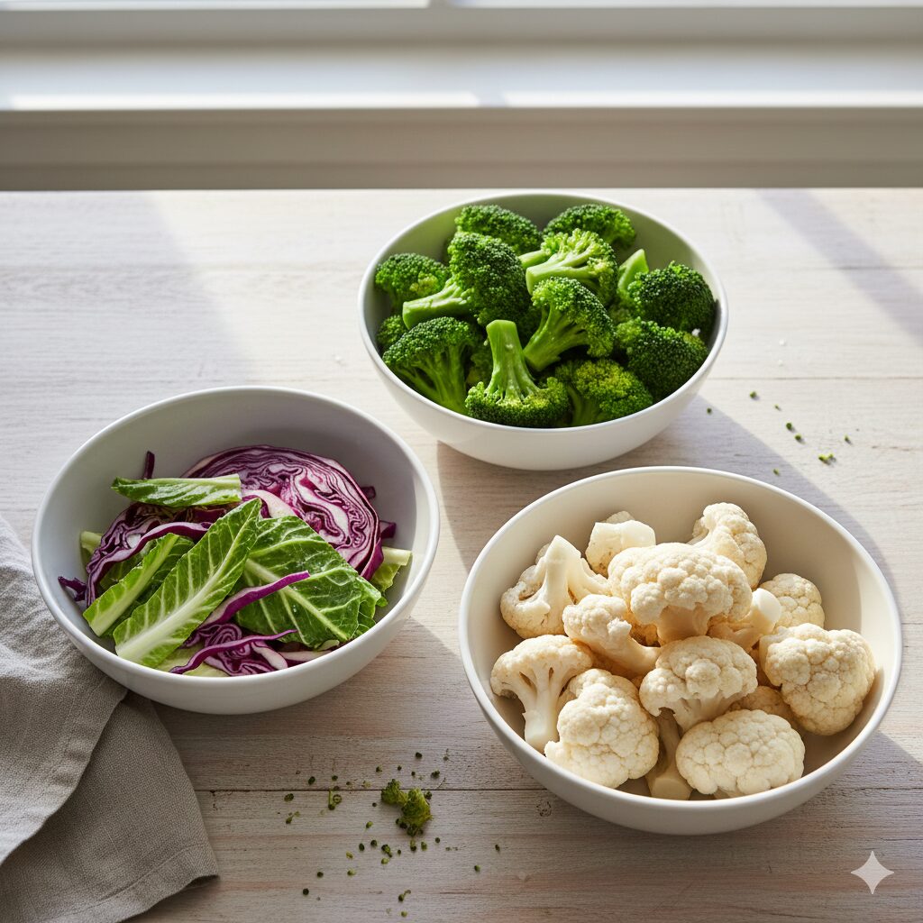 이미지 4 : 브로콜리, 양배추 등 관절 염증 완화에 좋은 신선한 채소들이 놓인 식탁