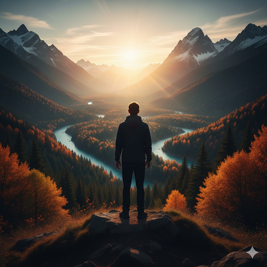 이미지 5 : 선명하고 깨끗한 풍경을 바라보며 미소 짓는 사람의 뒷모습