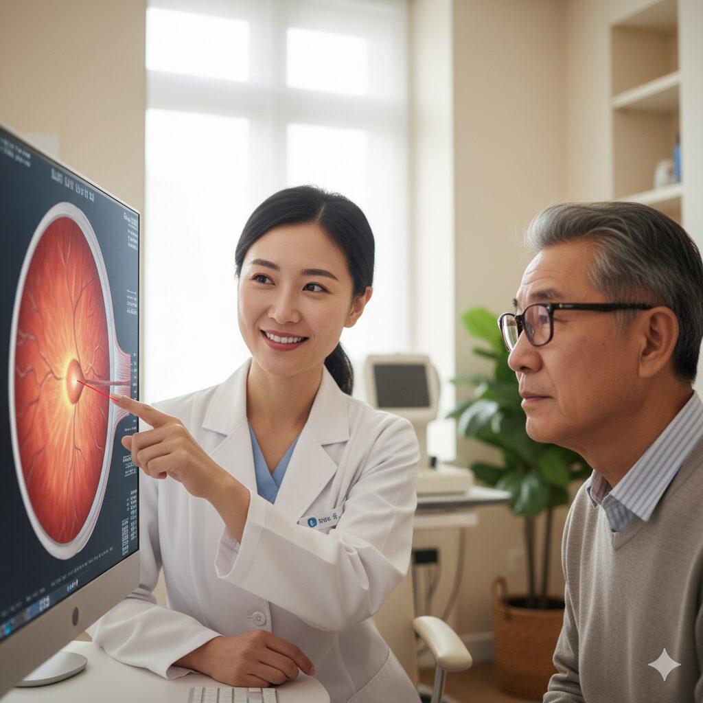 이미지 3 : 안과에서 정밀 검사를 받거나 치료 과정에 대해 설명을 듣는 차분한 진료실 풍경