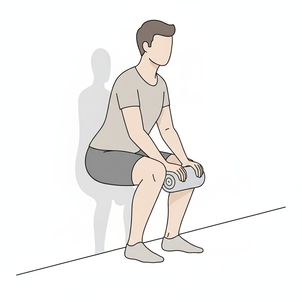 이미지 3 : 벽에 등을 기대고 무릎 사이에 수건을 낀 채 운동하는 상세 가이드 이미지