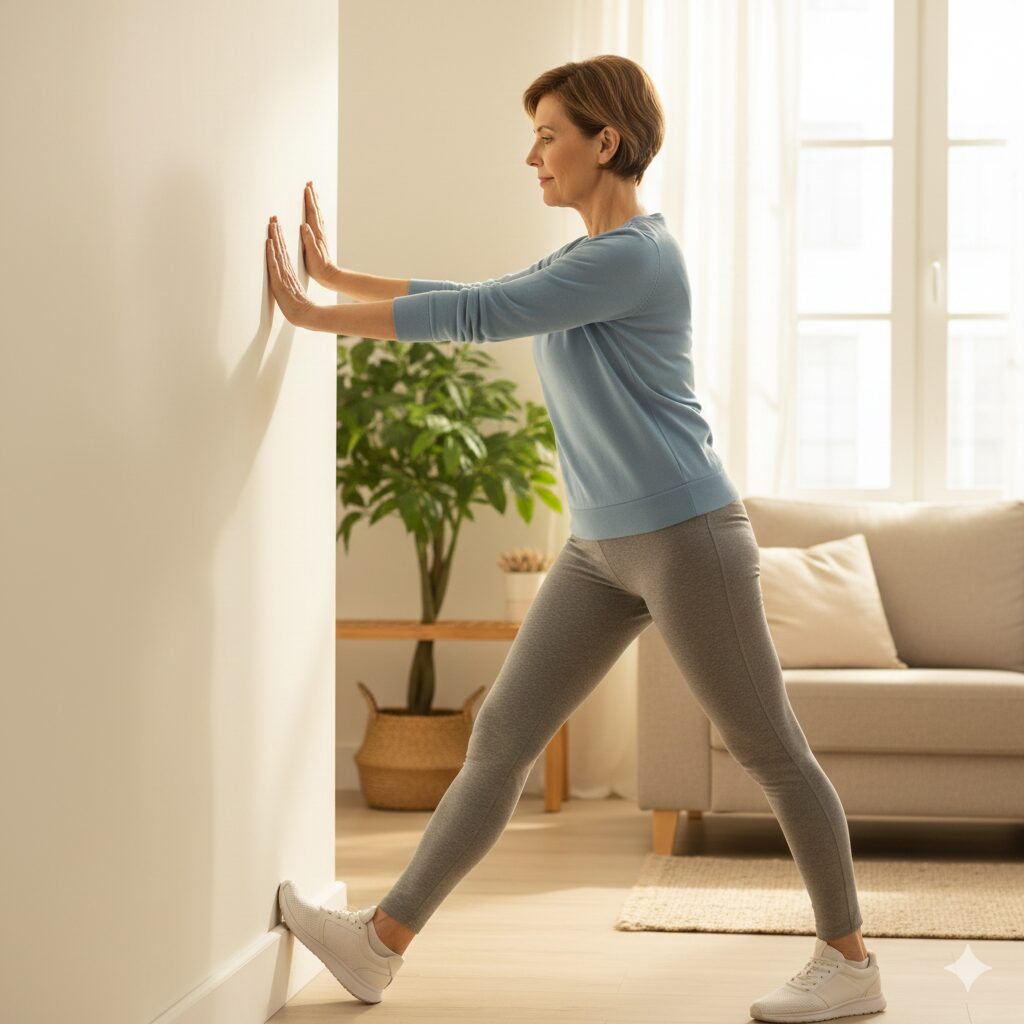 이미지 2 : 벽을 짚고 발목을 스트레칭하며 발목의 유연성을 체크하는 모습