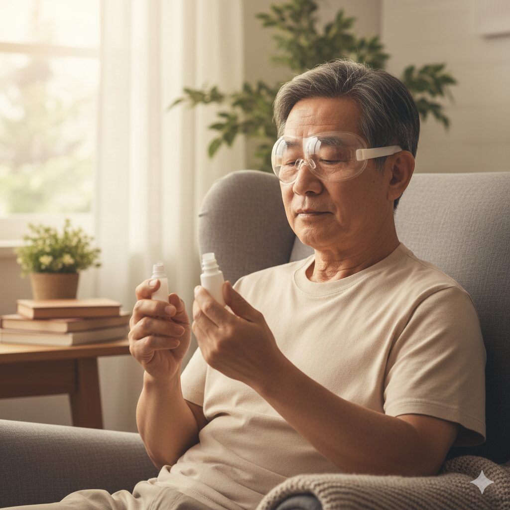 이미지 4 : 주사 치료 후 눈을 보호하기 위해 보호용 안대를 착용하고 휴식을 취하는 모습