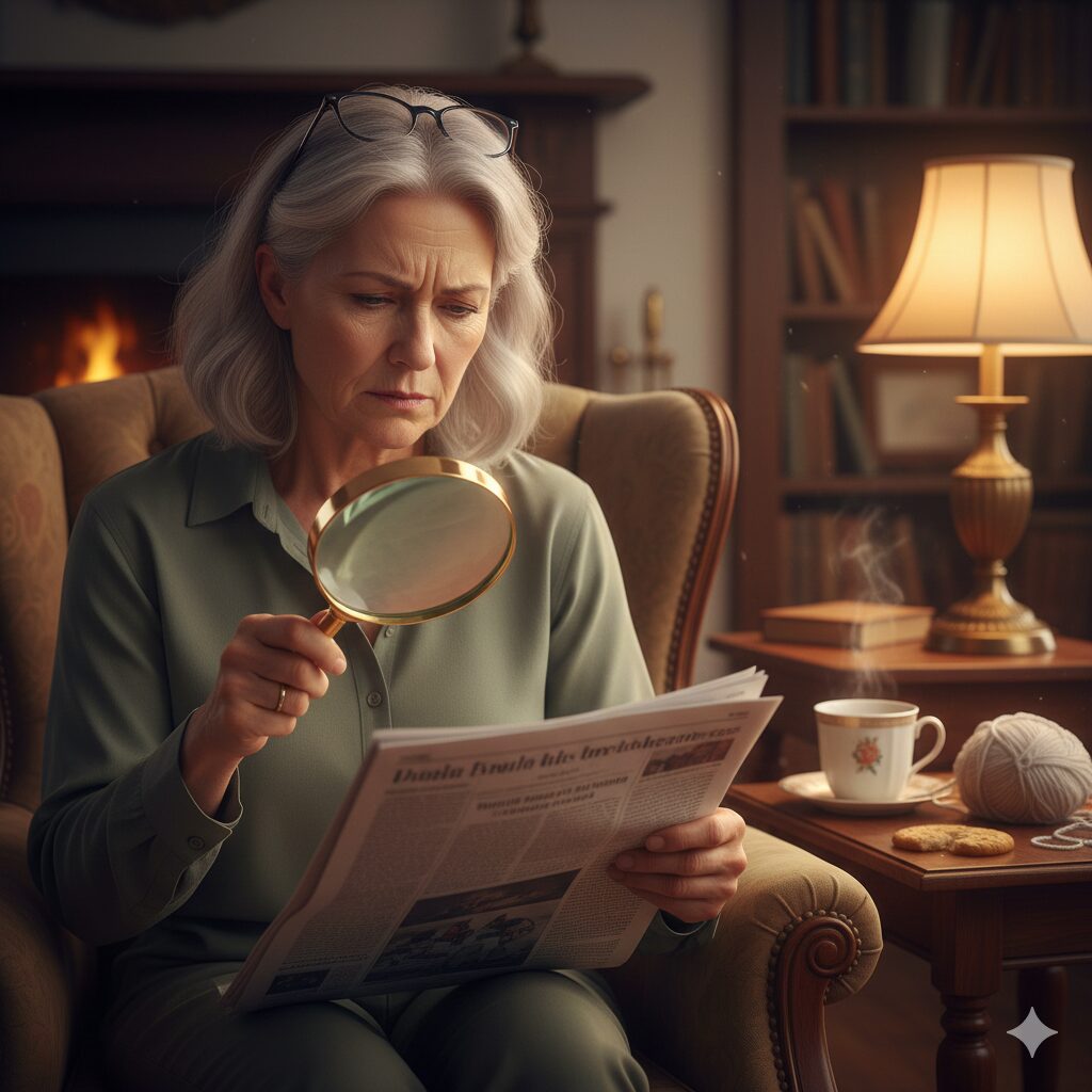 이미지 1 : 돋보기를 들고 신문을 보다가 눈을 비비며 피곤해하는 모습의 생생한 인물 사진