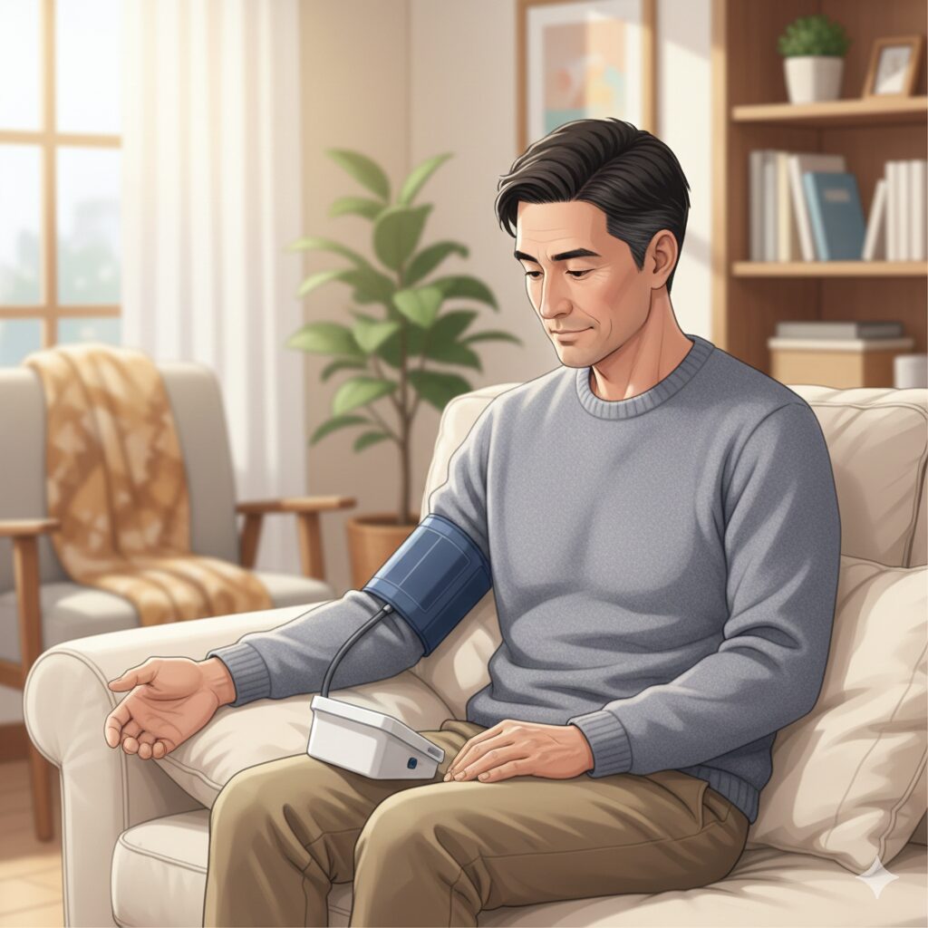 이미지 5: 집에서 혈압계나 혈당 측정기를 사용하여 수치를 확인하는 사람의 모습. 정기 검진의 중요성을 강조.