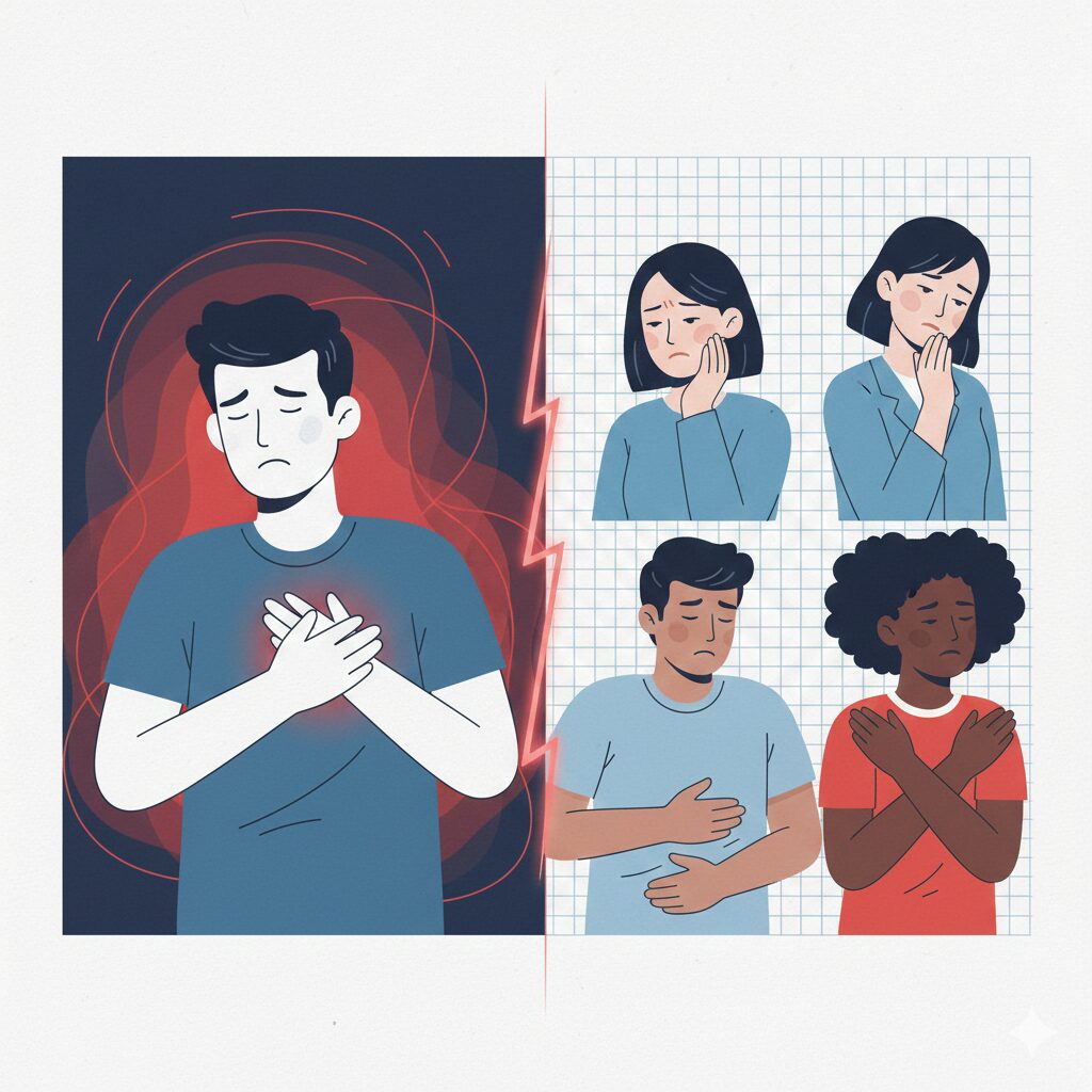 이미지 1: 전형적인 흉통을 호소하며 가슴을 움켜쥐는 사람과, 동시에 소화불량, 턱 통증, 왼쪽 어깨 통증 등 비전형적 증상을 겪는 사람들을 시각적으로 대비하여 보여주는 삽화.