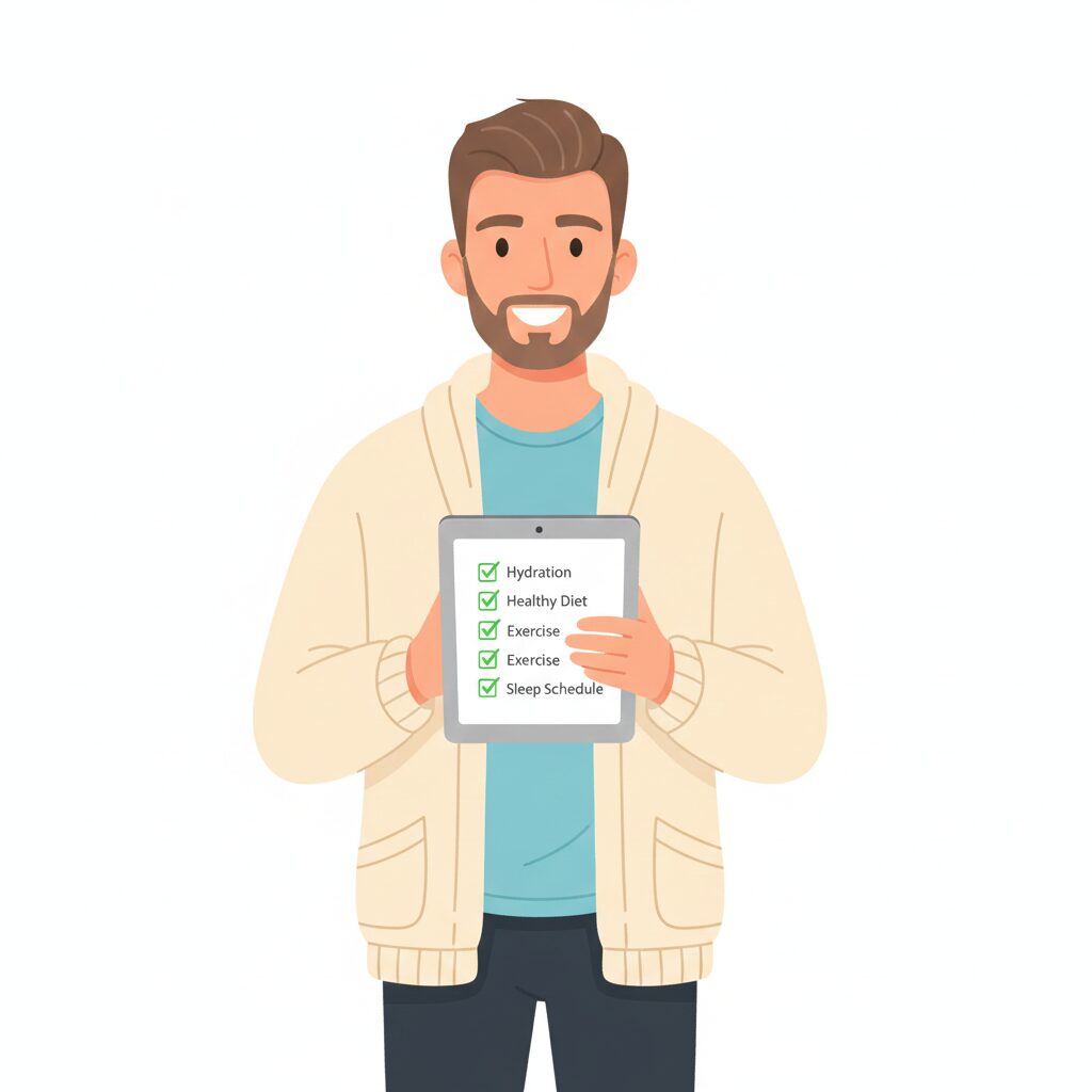 이미지 2 : 체크리스트를 꼼꼼히 읽으며 손가락을 꼽아보는 인자한 인상의 블로거 캐릭터