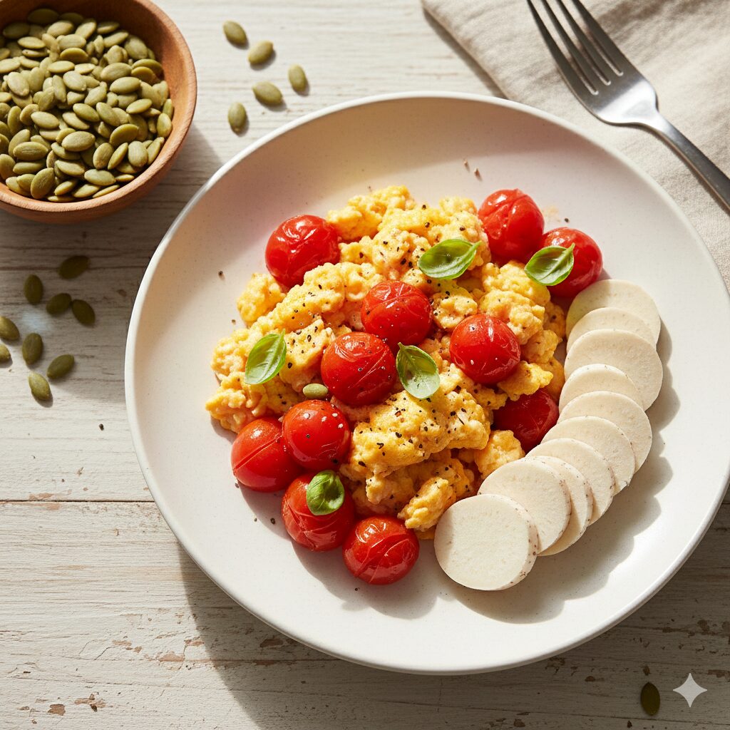 이미지 3 : 김이 모락모락 나는 토마토 볶음 요리와 호박씨가 가득 담긴 작은 그릇