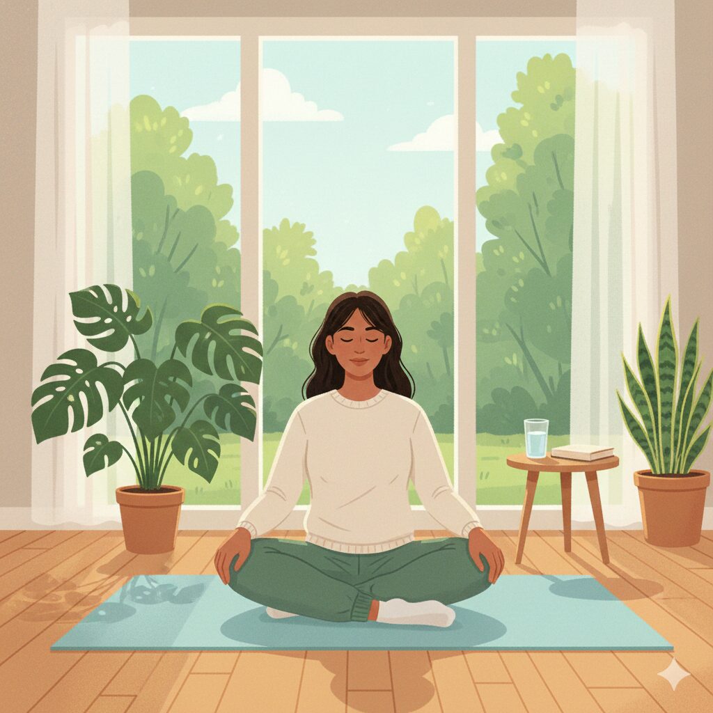 이미지 4 : 거실에서 편안하게 앉아 스트레칭을 하며 케겔 운동을 실천하는 모습