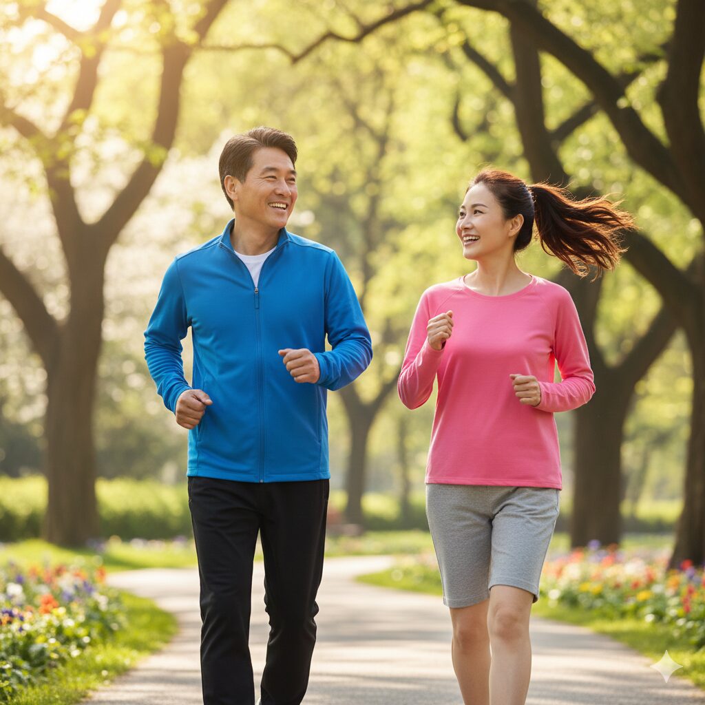 이미지 4: 공원이나 집 근처에서 활기차게 걷거나 가볍게 스트레칭하는 사람의 모습. (즐겁고 생기 있는 모습)