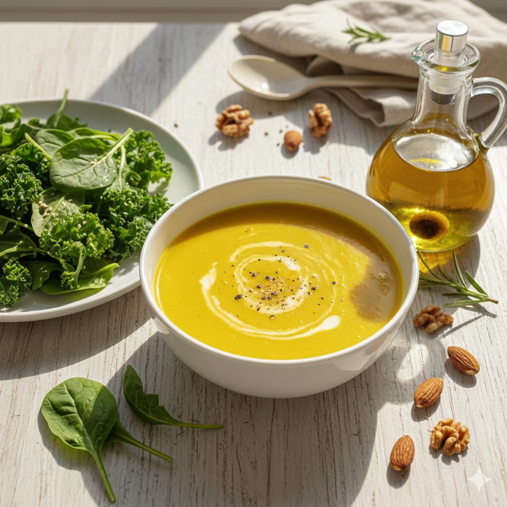 이미지 2 : 신선한 초록 채소와 카레, 올리브유가 어우러진 건강한 식단 이미지