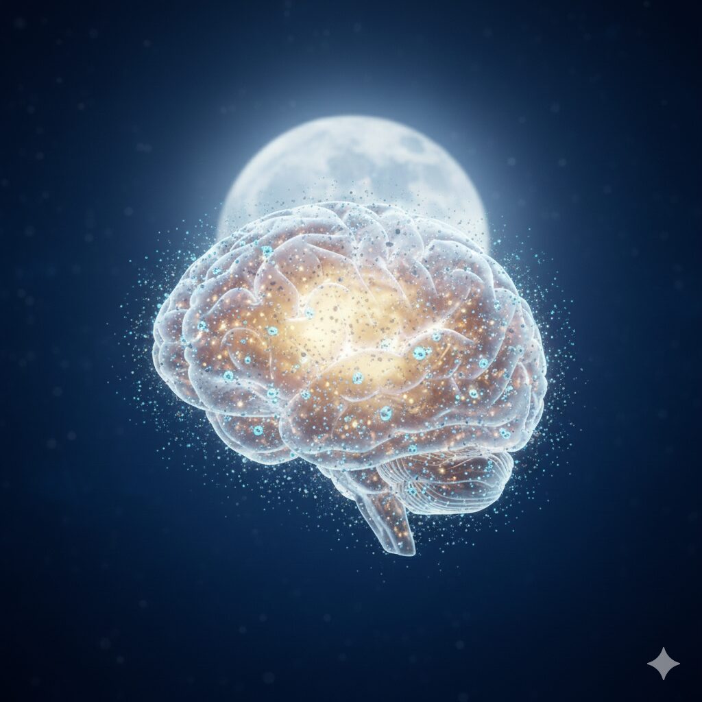 이미지 1 : 뇌 안에서 노폐물이 씻겨 나가는 과정을 시각화한 일러스트