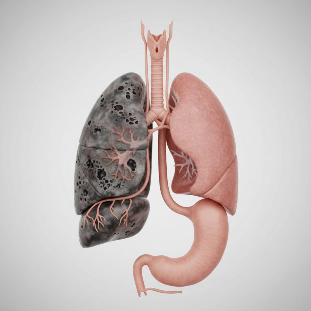 이미지 1 : 깨끗한 폐와 염증이 생긴 폐의 대조적인 모습, 그리고 기도로 음식물이 들어가는 경로를 보여주는 삽화