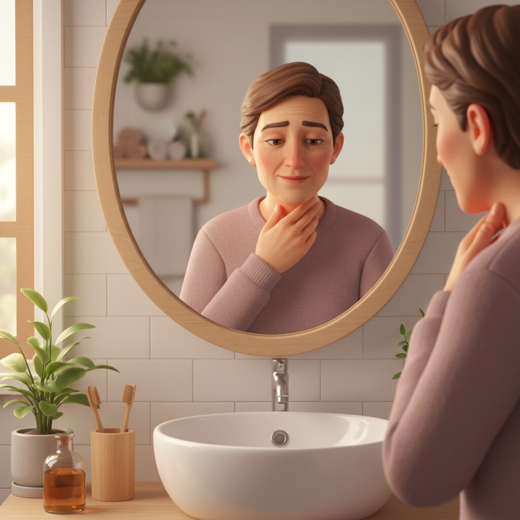 이미지 2 : 거울을 보며 목젖의 움직임을 체크하며 침 삼키기 테스트를 하는 사람의 모습