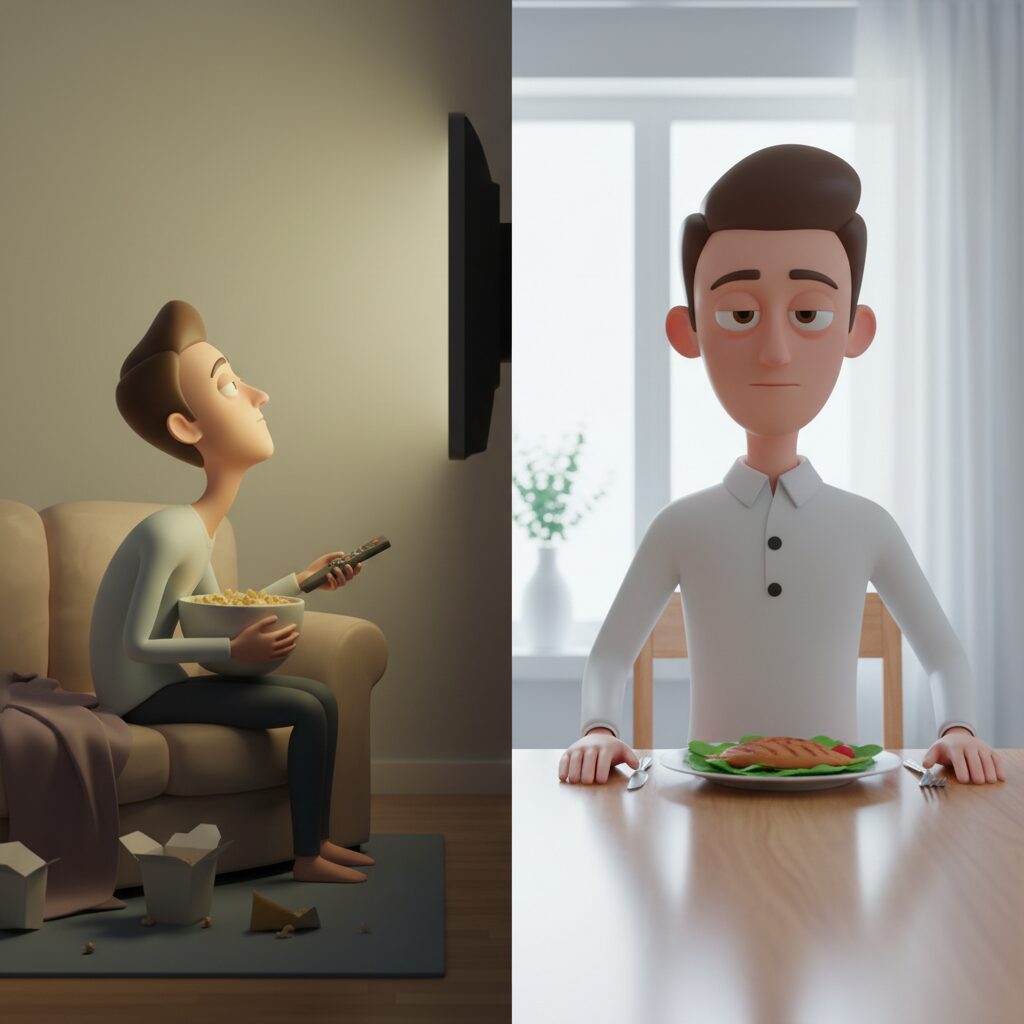 이미지 4 : 올바른 식사 자세(턱 당기기)와 잘못된 자세(고개 들기)를 비교하여 보여주는 그림