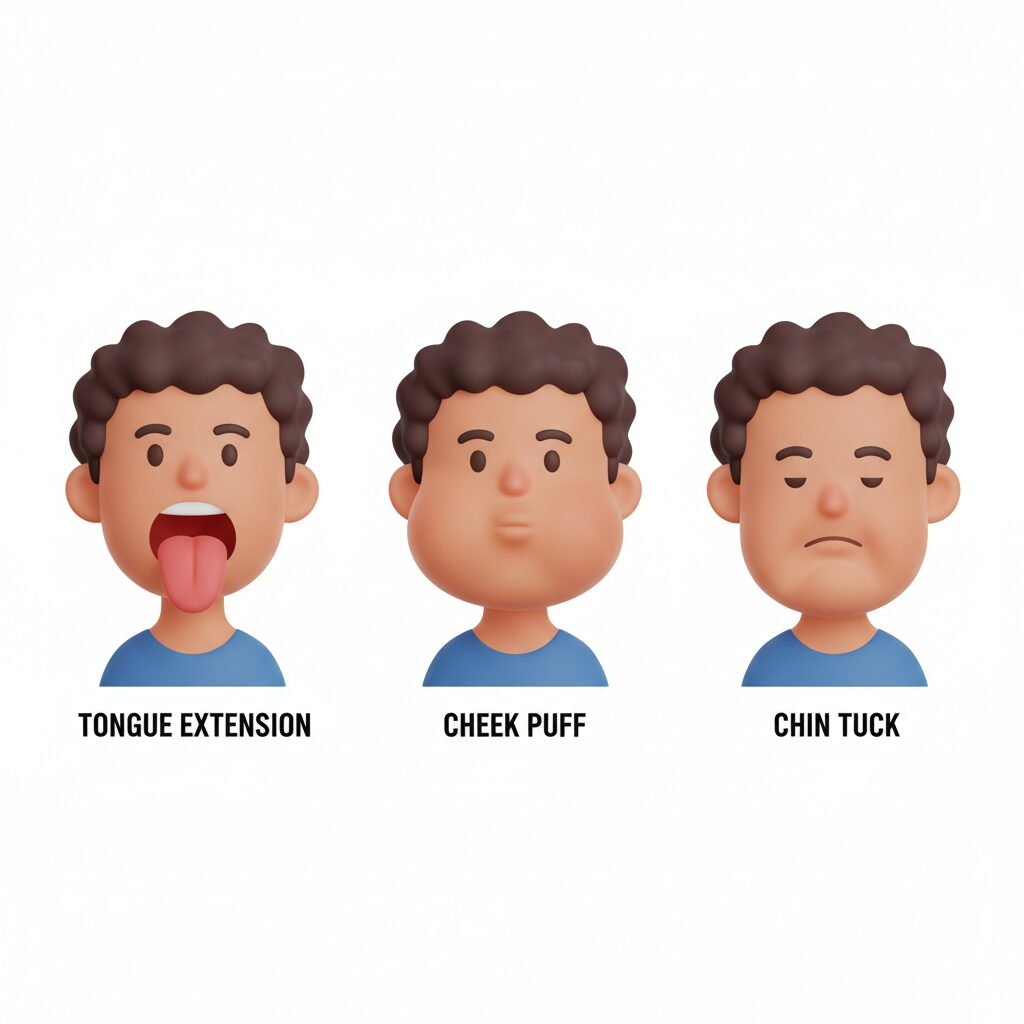 이미지 3 : 혀 운동과 볼 부풀리기 운동을 즐겁게 따라 하는 밝은 표정의 인물 삽화