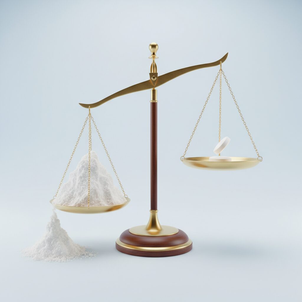 이미지 2 : 설탕 더미와 아스파탐 알약이 저울 양쪽에 놓여 균형을 맞추고 있는 모습