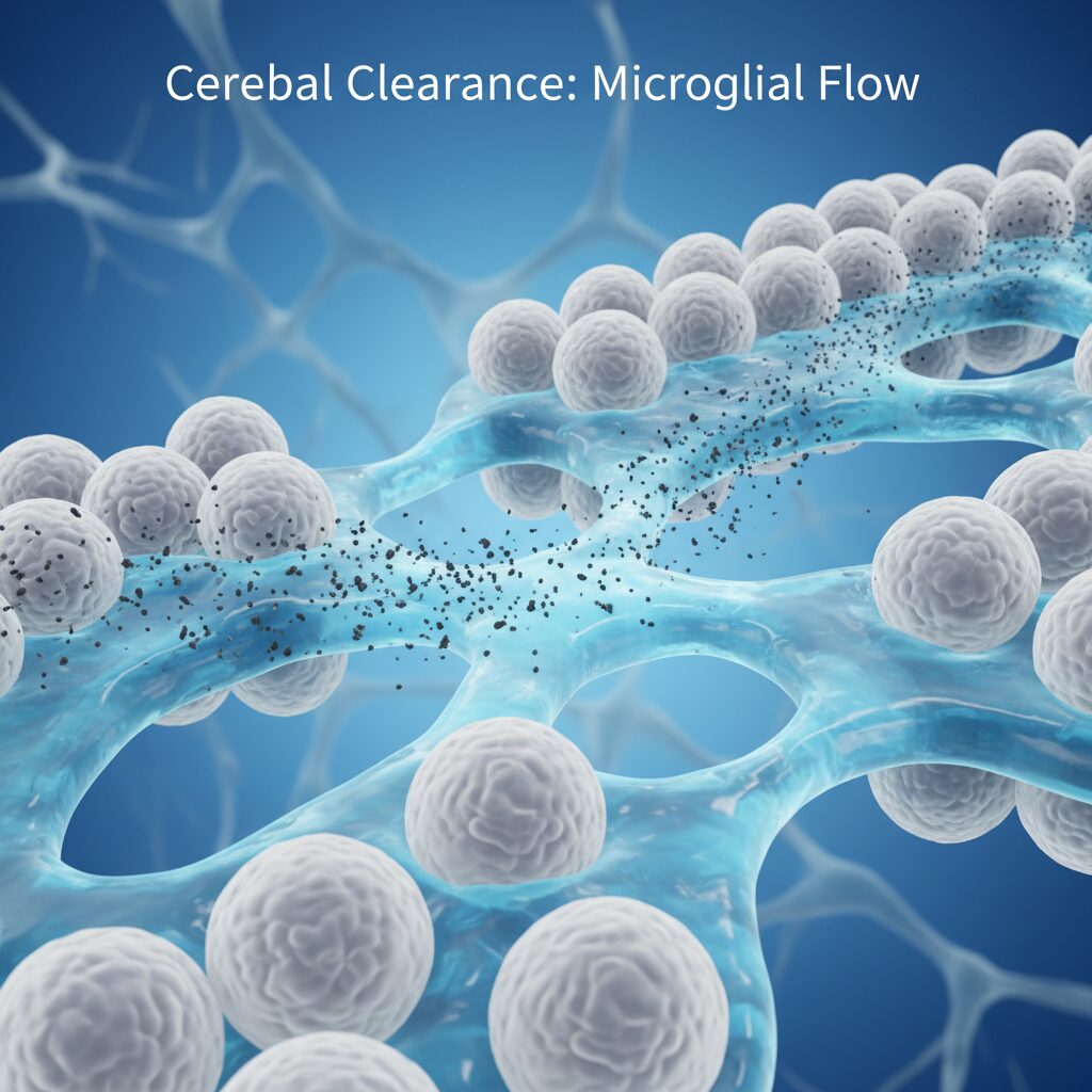 이미지 2 : 뇌세포 사이로 깨끗한 물(뇌척수액)이 흘러가며 노폐물을 씻어내는 과학적이고 이해하기 쉬운 모식도
