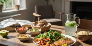 이미지 1 : 신선한 채소와 단백질, 탄수화물이 골고루 차려진 정갈하고 건강한 식탁 풍경