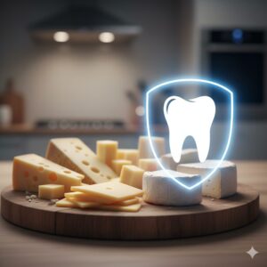 이미지 2 : 나무 도마 위에 놓인 고소한 치즈 조각들과 치아 보호막을 형상화한 일러스트