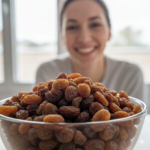 이미지 1 : 투명한 유리 그릇에 담긴 신선하고 통통한 건포도와 잇몸 건강을 상징하는 밝은 배경