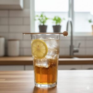 이미지 2 : 투명한 유리잔에 담긴 시원한 식초 음료와 레몬 조각이 띄워진 모습