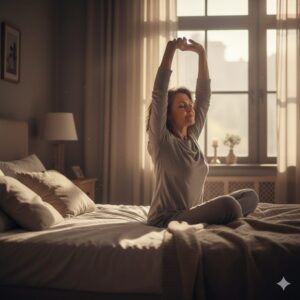 이미지 1 : 아침 햇살을 받으며 기지개를 켜고 있지만 약간 피곤해 보이는 모습의 일러스트