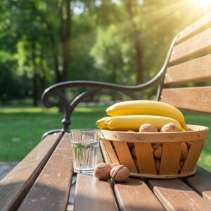 이미지 4 : 햇살이 내리쬐는 공원 벤치에 앉아 밝은 표정으로 바나나와 견과류를 먹고 있는 모습